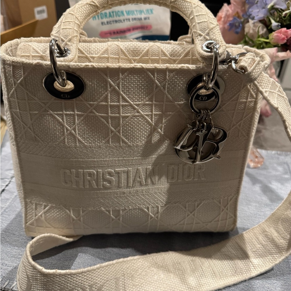 Dior Cream Embroidered Canvas Lady Dior Mini Tote